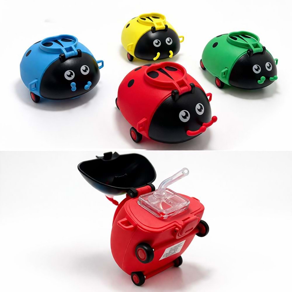 Uğur Böceği Tasarımlı Tekerlekli Çocuk Su Matarası Pipetli Ve Askılı Okul Suluğu Alk4656