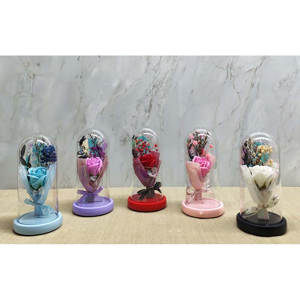 Işıklı Müzikli Cam Fanus İçinde Lavantalı Romantik Gül Alk5001