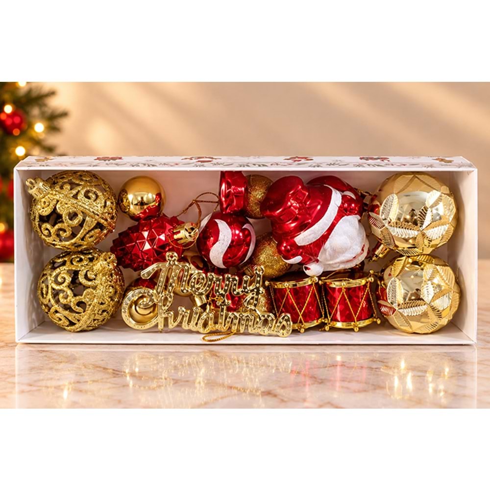 Kırmızı Gold Karışık Desenli Yılbaşı Ağacı Süs Topları 16'Lı Set Alk6035