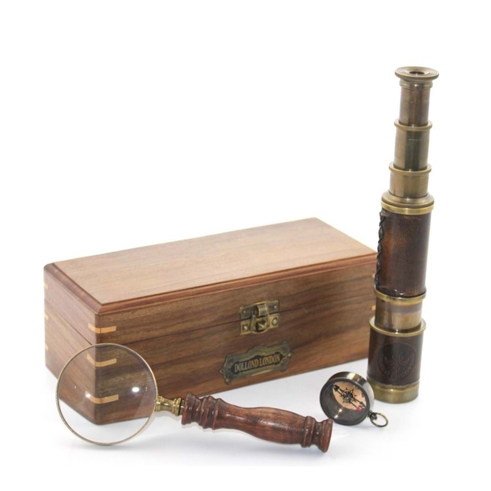 Ahşap Kutu Pirinç Pusula, Dürbün, Büyüteç, Seti Ksk2065